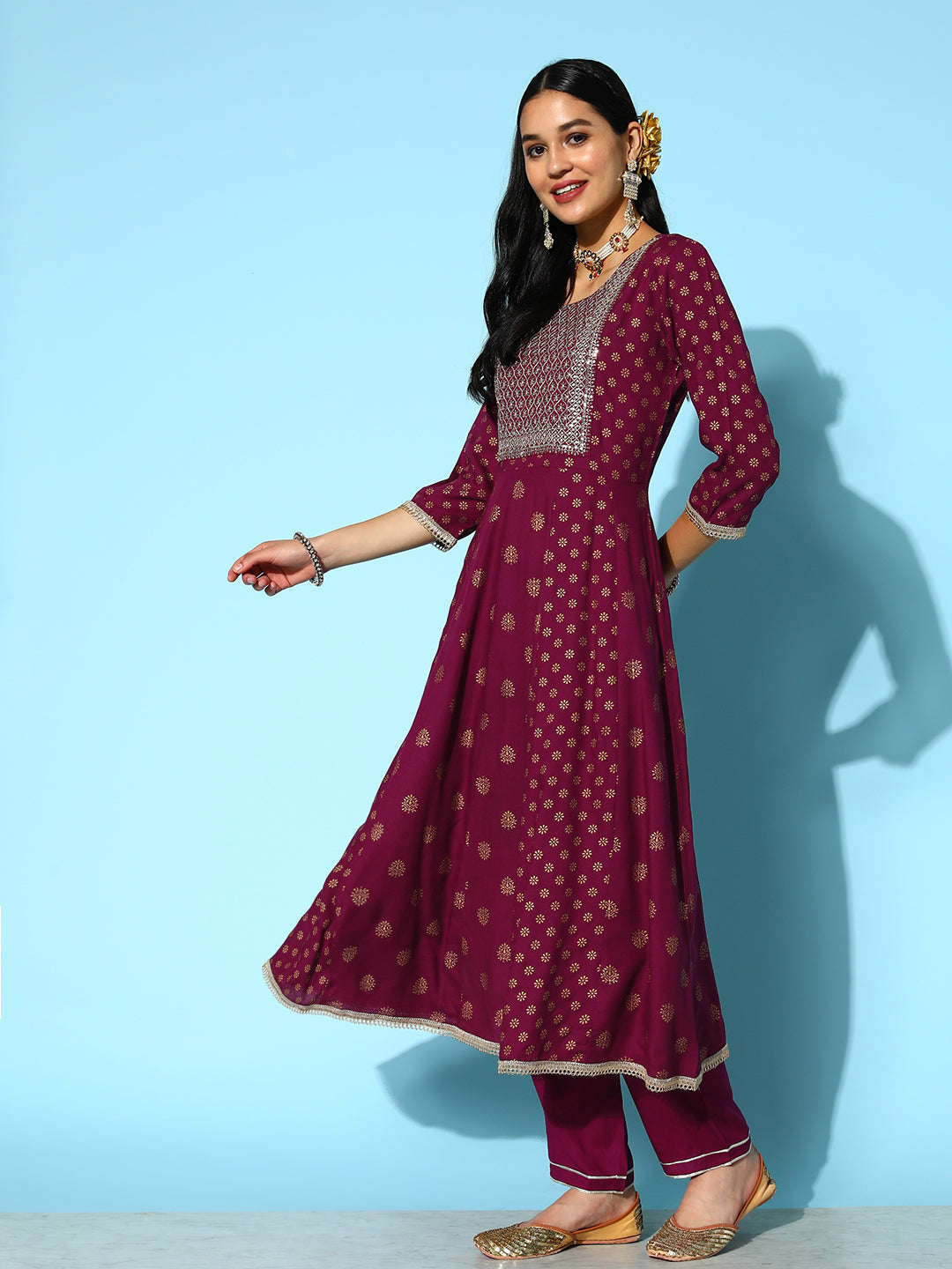 Gold Printed &amp; Embroidered Rayon Kurta Pant Dupatta Set