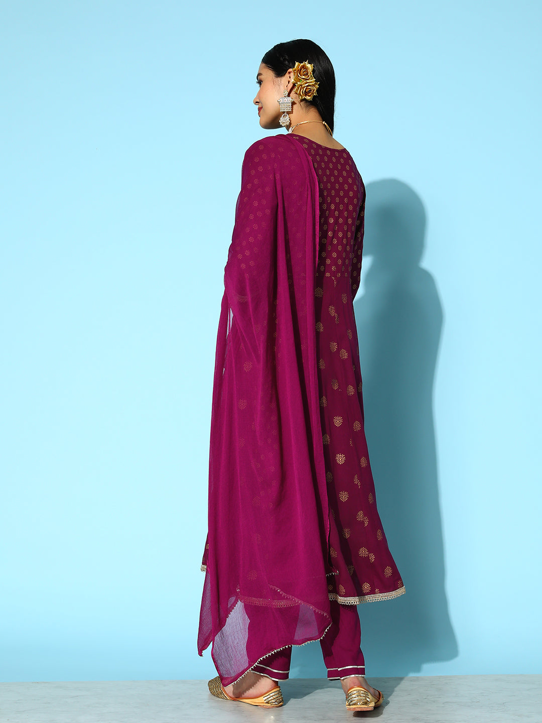 Gold Printed &amp; Embroidered Rayon Kurta Pant Dupatta Set
