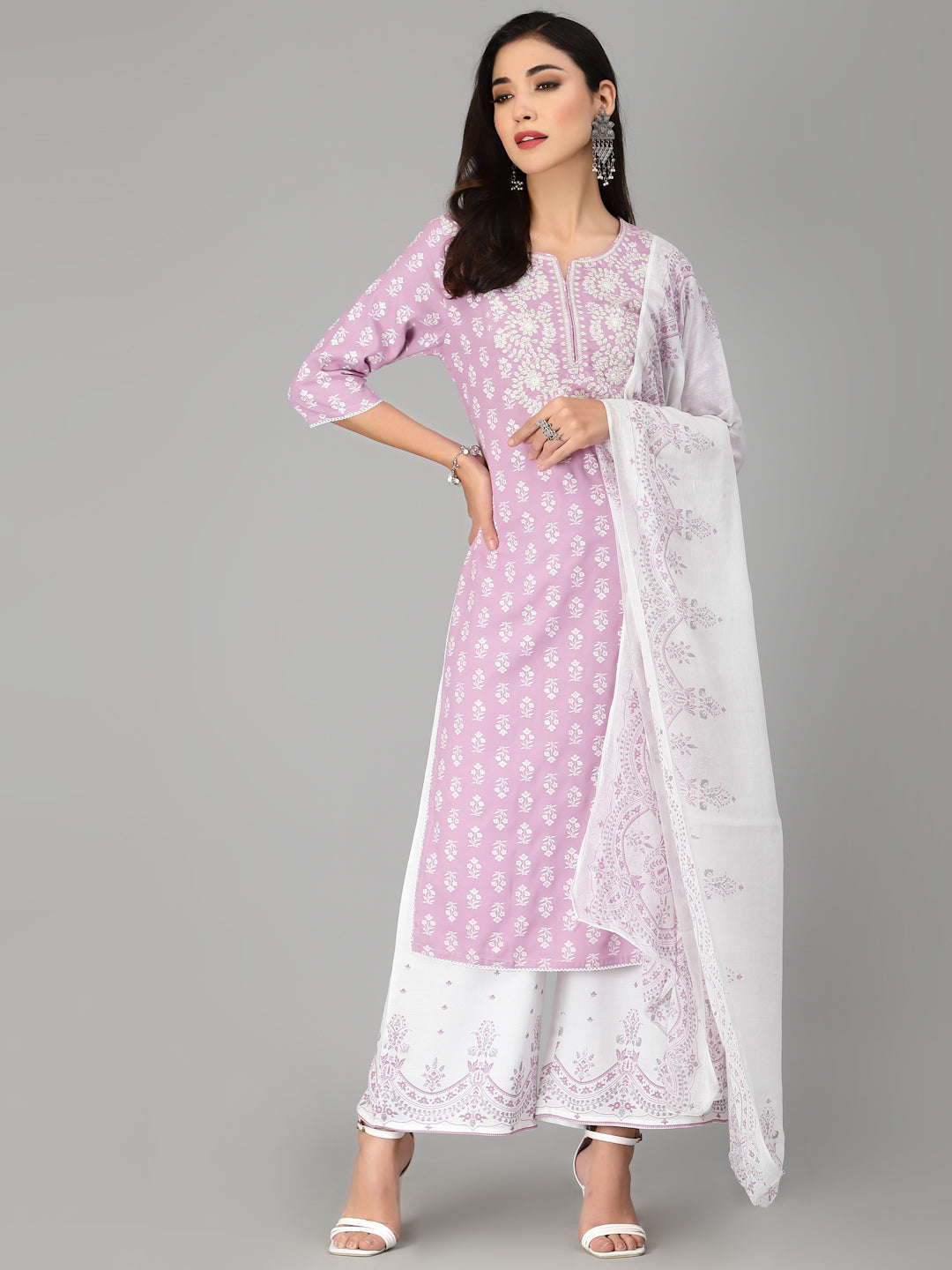 Embroiderd &amp; Printed Rayon Kurta Pant Dupatta Set