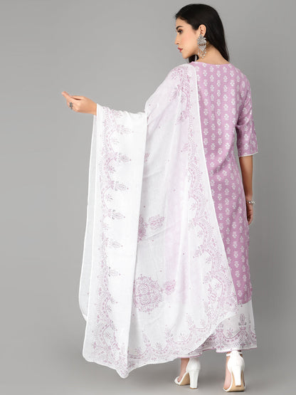 Embroiderd & Printed Rayon Kurta Pant Dupatta Set