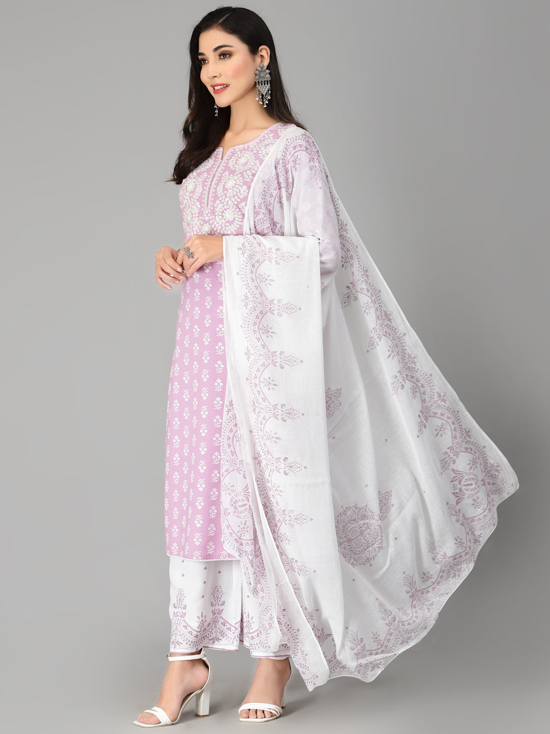 Embroiderd &amp; Printed Rayon Kurta Pant Dupatta Set