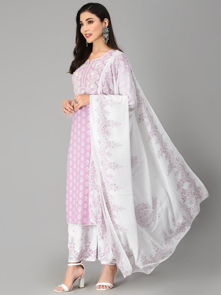 Embroiderd &amp; Printed Rayon Kurta Pant Dupatta Set