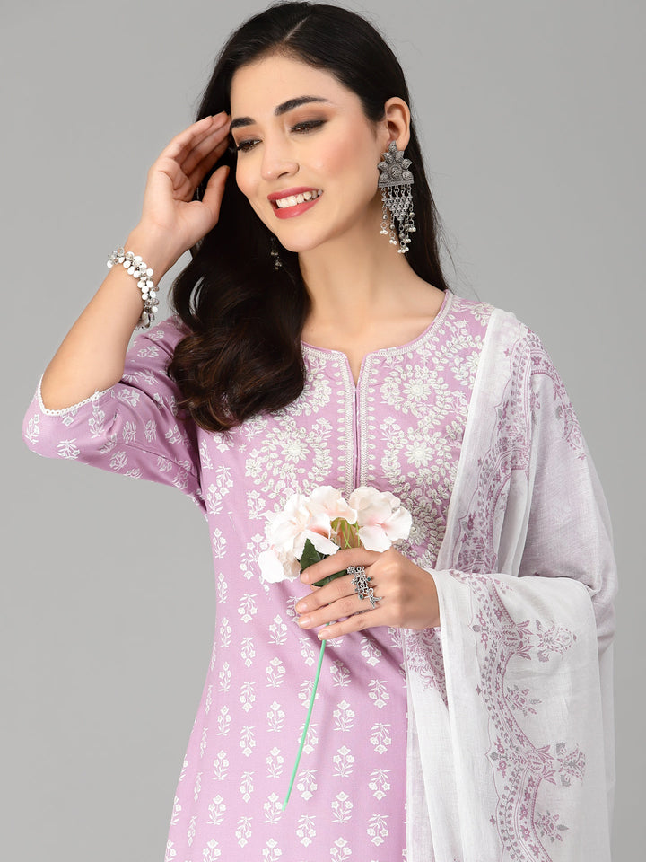 Embroiderd &amp; Printed Rayon Kurta Pant Dupatta Set
