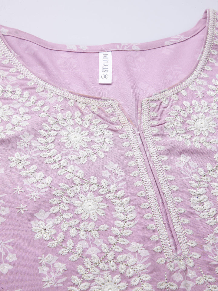 Embroiderd &amp; Printed Rayon Kurta Pant Dupatta Set