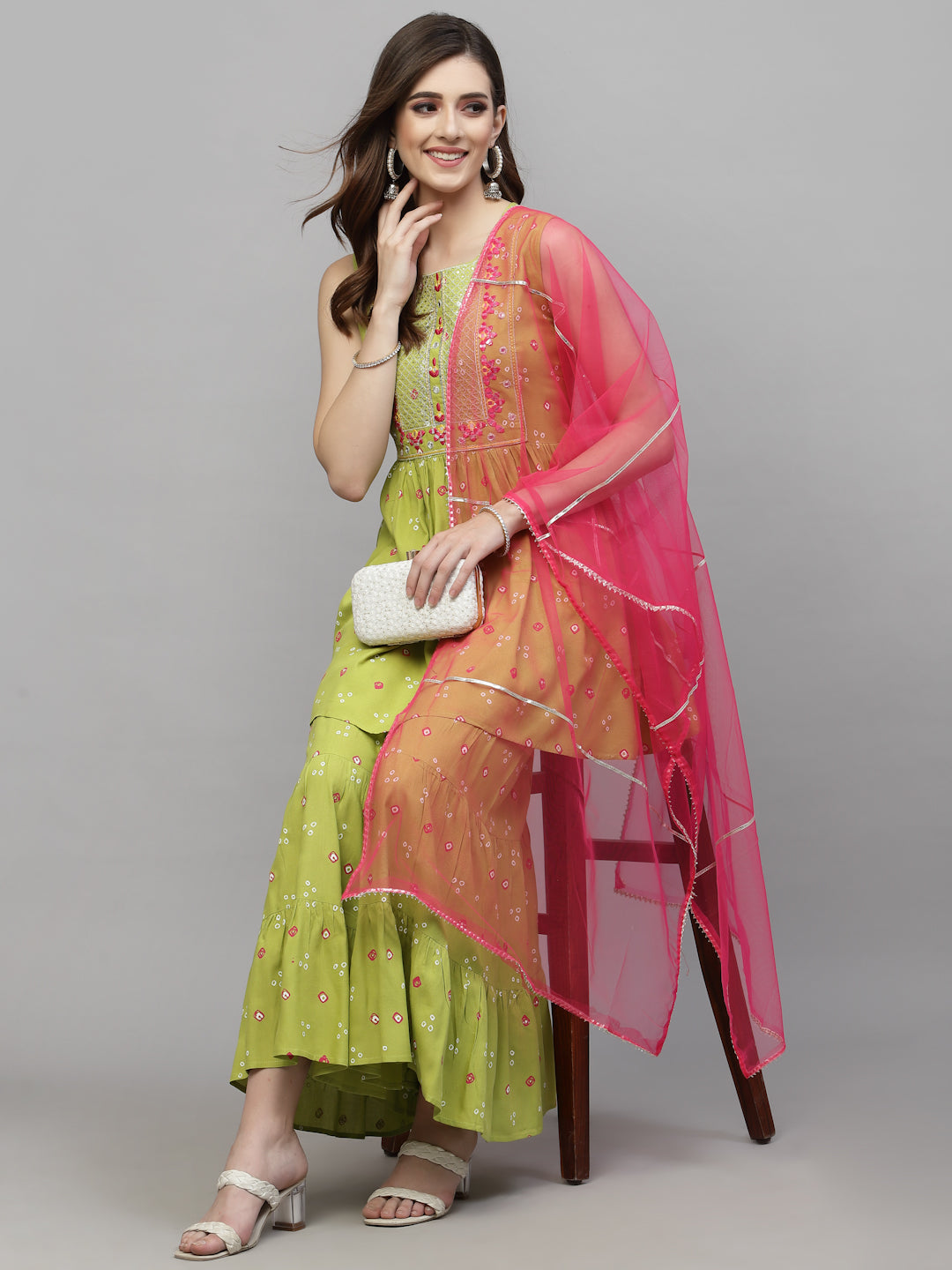 Bandhej Printed &amp; Embroidered Rayon Kurti Sharara Dupatta Set