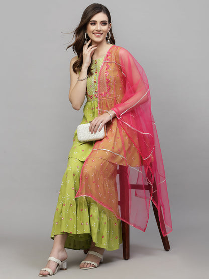 Bandhej Printed & Embroidered Rayon Kurti Sharara Dupatta Set