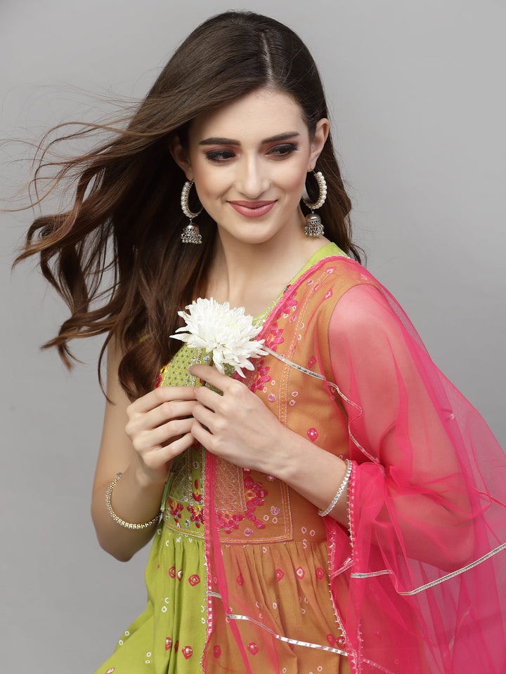 Bandhej Printed &amp; Embroidered Rayon Kurti Sharara Dupatta Set