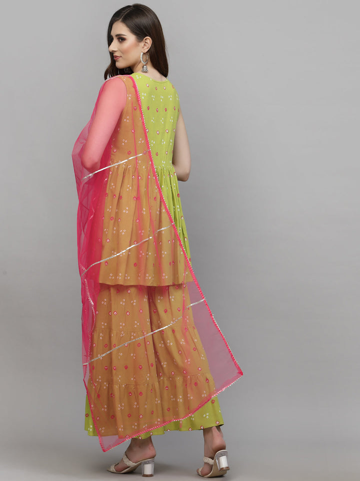 Bandhej Printed &amp; Embroidered Rayon Kurti Sharara Dupatta Set