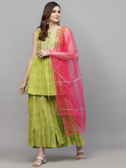 Bandhej Printed & Embroidered Rayon Kurti Sharara Dupatta Set
