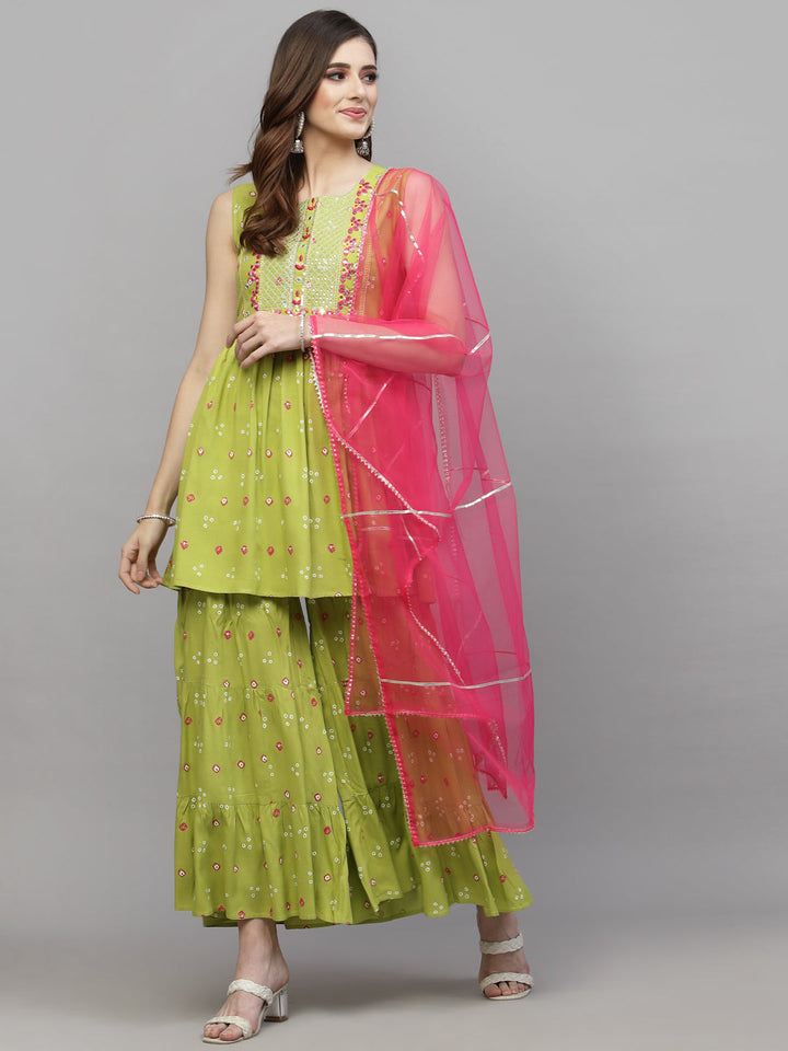 Bandhej Printed &amp; Embroidered Rayon Kurti Sharara Dupatta Set