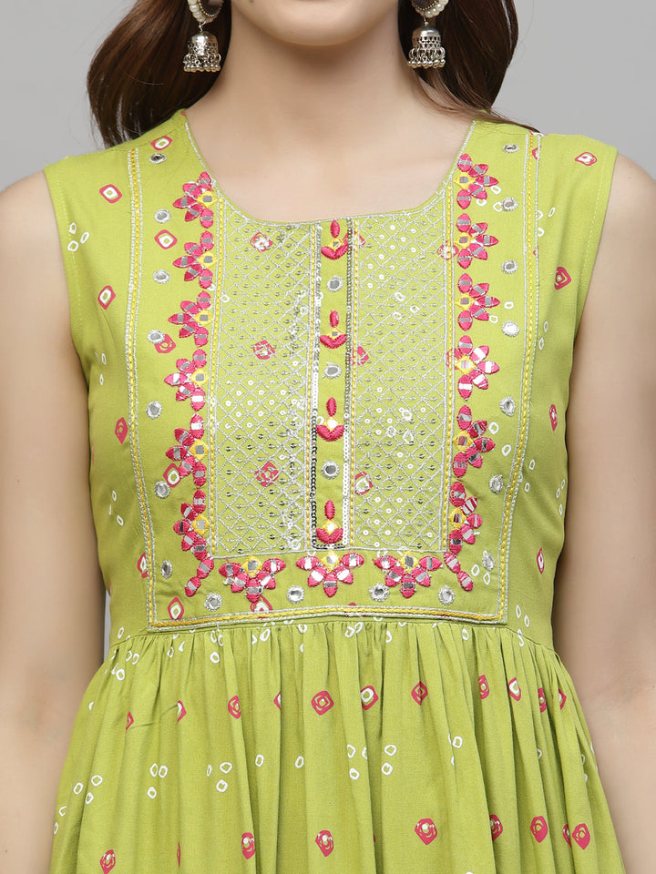 Bandhej Printed &amp; Embroidered Rayon Kurti Sharara Dupatta Set