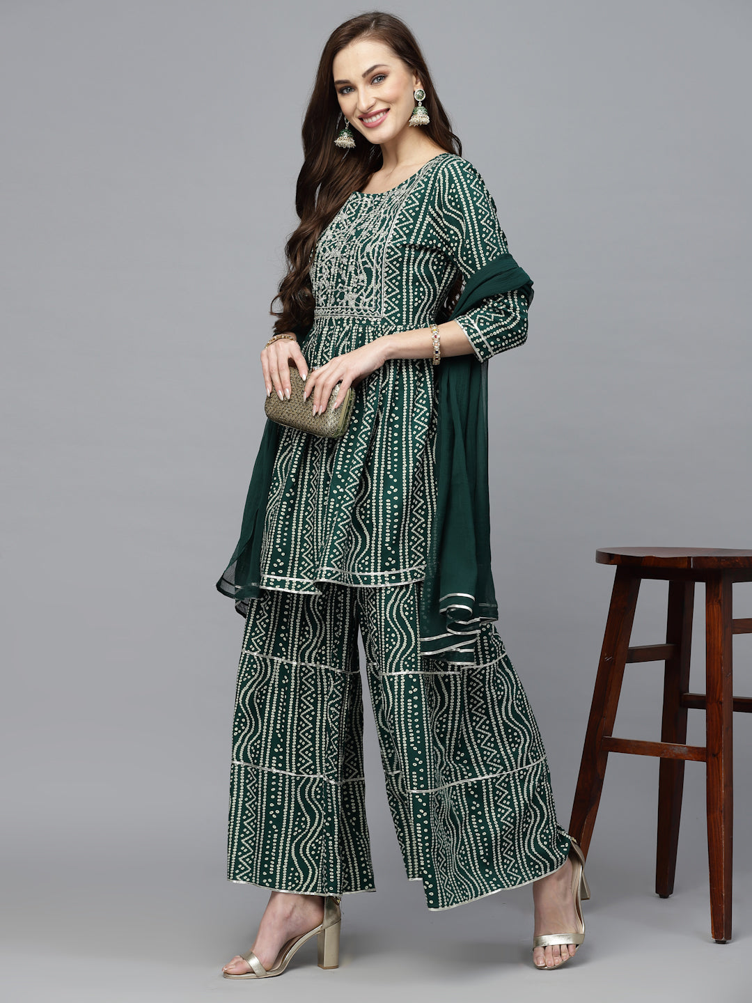 Bandhej Printed & Embroidered Kurta Sharara Dupatta Set