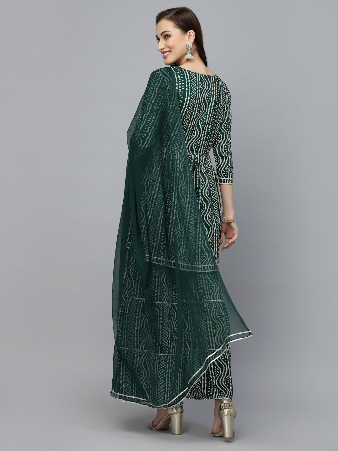 Bandhej Printed & Embroidered Kurta Sharara Dupatta Set