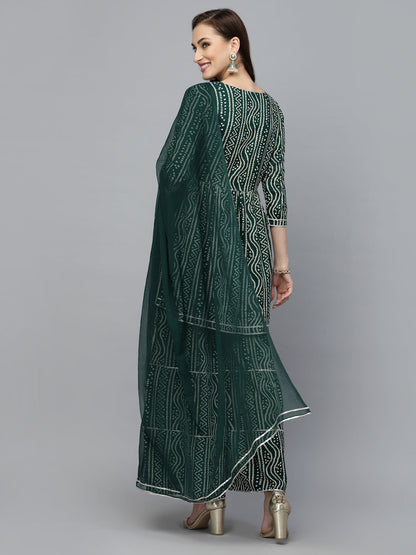 Bandhej Printed & Embroidered Kurta Sharara Dupatta Set