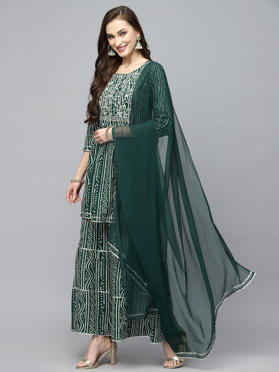 Bandhej Printed & Embroidered Kurta Sharara Dupatta Set