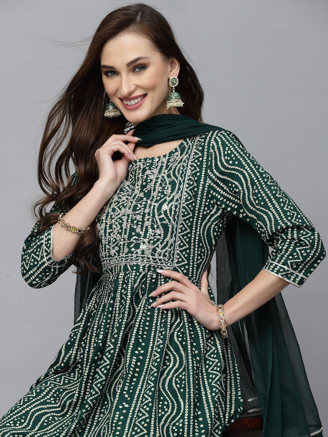 Bandhej Printed & Embroidered Kurta Sharara Dupatta Set