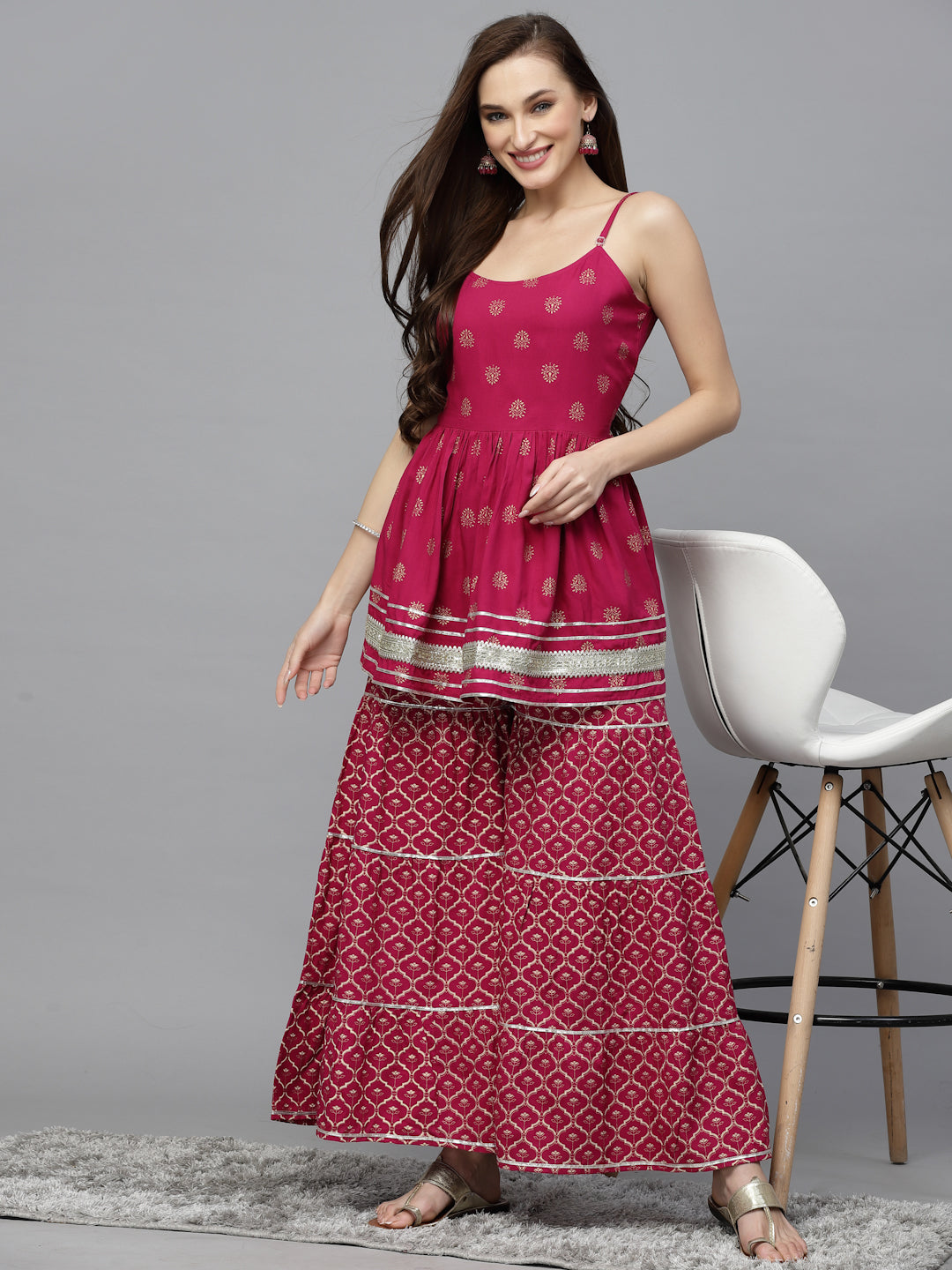 Gold Printed Rayon Short Kurti and Sharara set