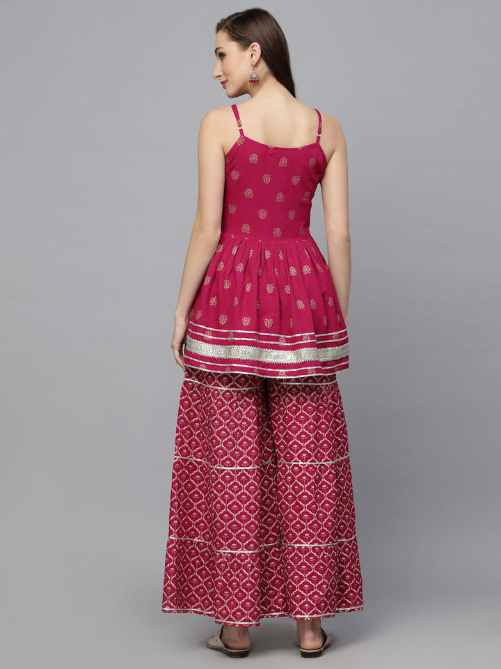 Gold Printed Rayon Short Kurti and Sharara set