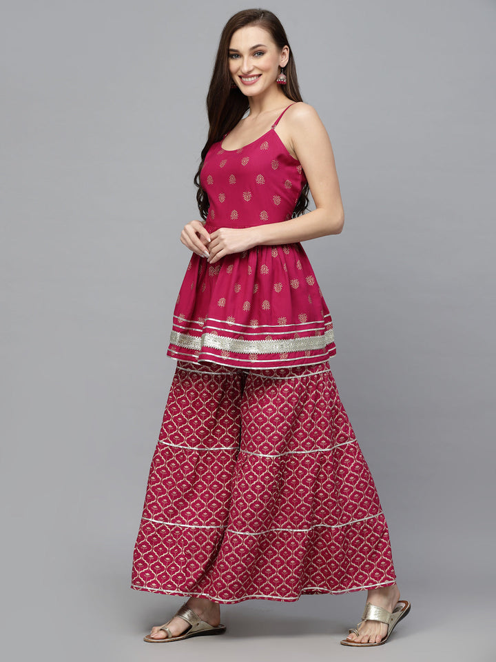 Gold Printed Rayon Short Kurti and Sharara set