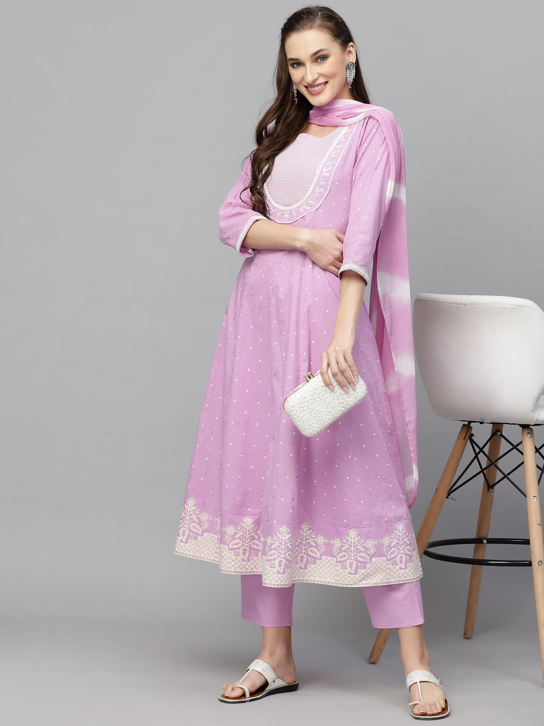 Printed &amp; Embroidered Cotton Anarkali Kurta Pant Dupatta Set