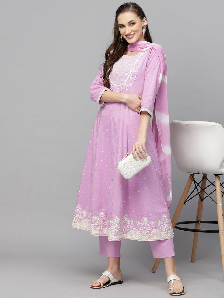 Printed &amp; Embroidered Cotton Anarkali Kurta Pant Dupatta Set