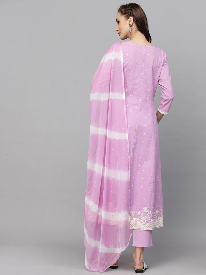 Printed &amp; Embroidered Cotton Anarkali Kurta Pant Dupatta Set