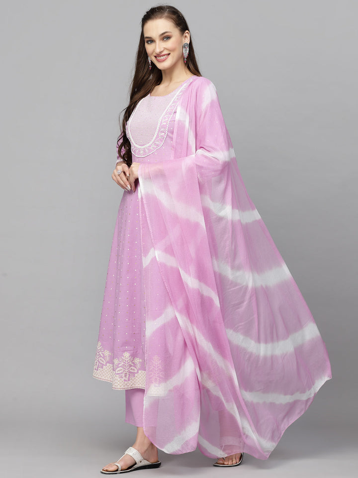 Printed &amp; Embroidered Cotton Anarkali Kurta Pant Dupatta Set