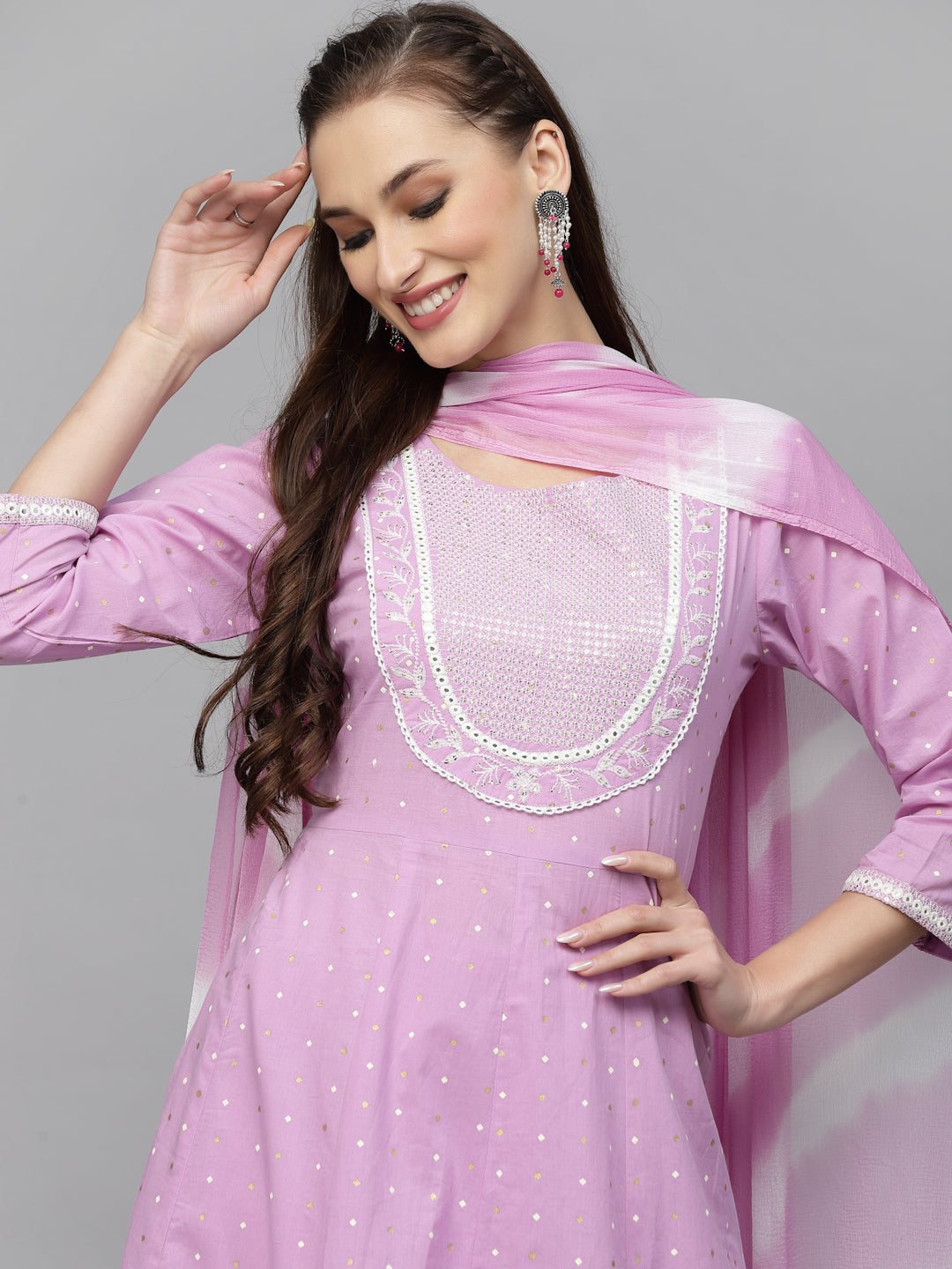 Printed &amp; Embroidered Cotton Anarkali Kurta Pant Dupatta Set