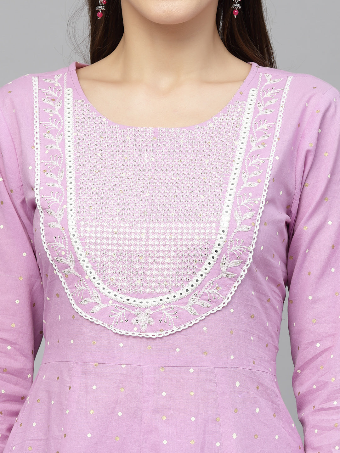 Printed &amp; Embroidered Cotton Anarkali Kurta Pant Dupatta Set