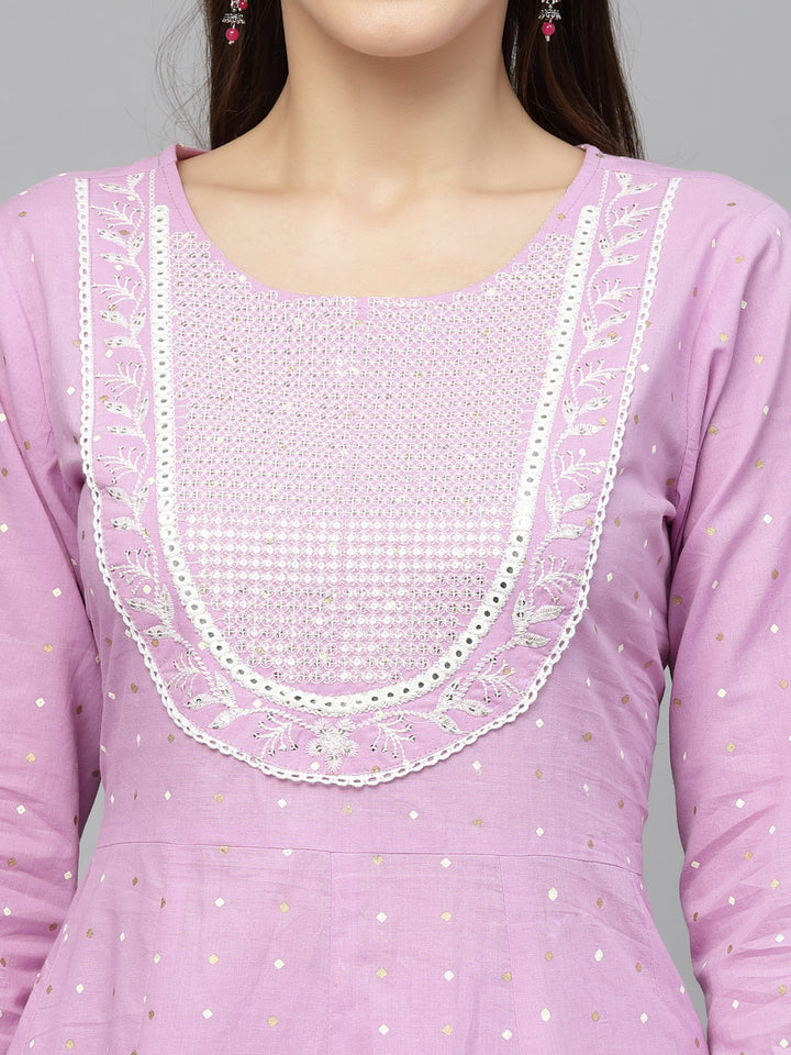 Printed &amp; Embroidered Cotton Anarkali Kurta Pant Dupatta Set