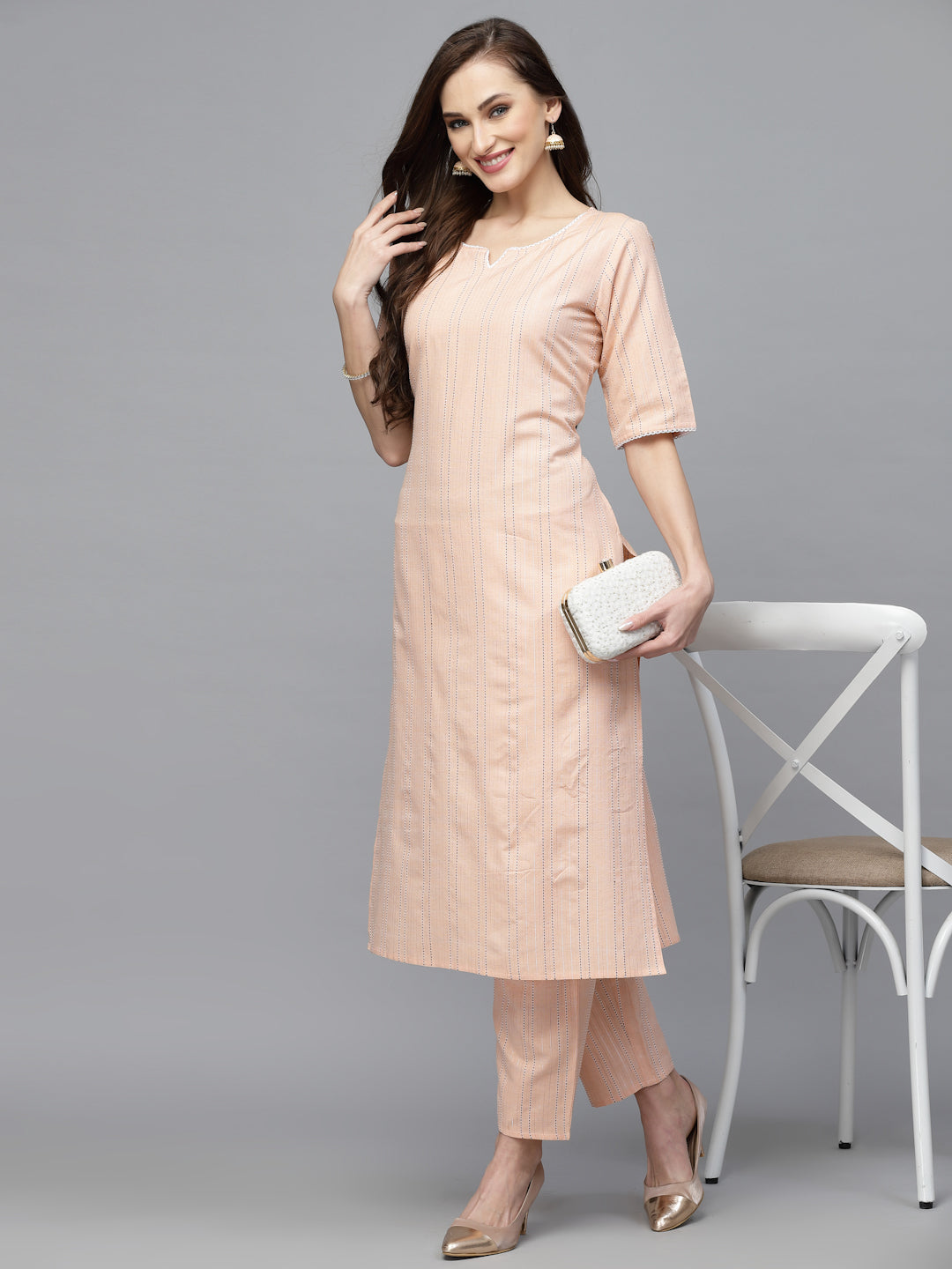 Self Woven Striped Cotton Blend Straight Kurta Pant Set