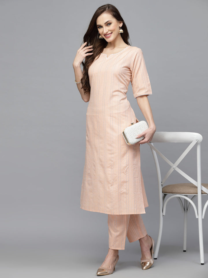 Self Woven Striped Cotton Blend Straight Kurta Pant Set