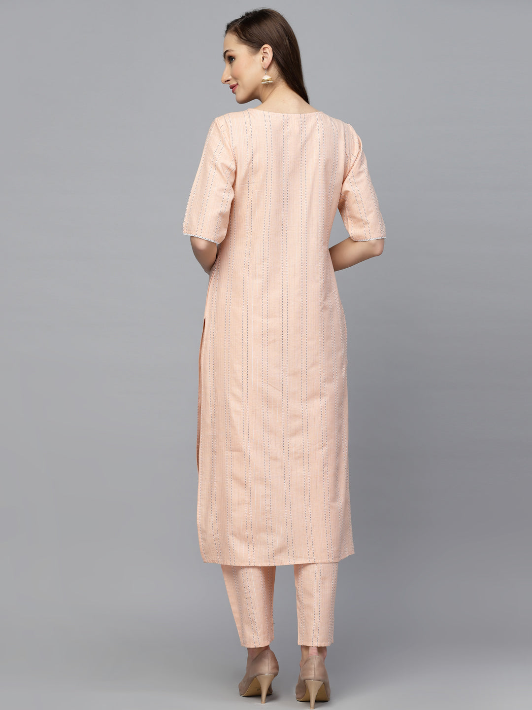 Self Woven Striped Cotton Blend Straight Kurta Pant Set