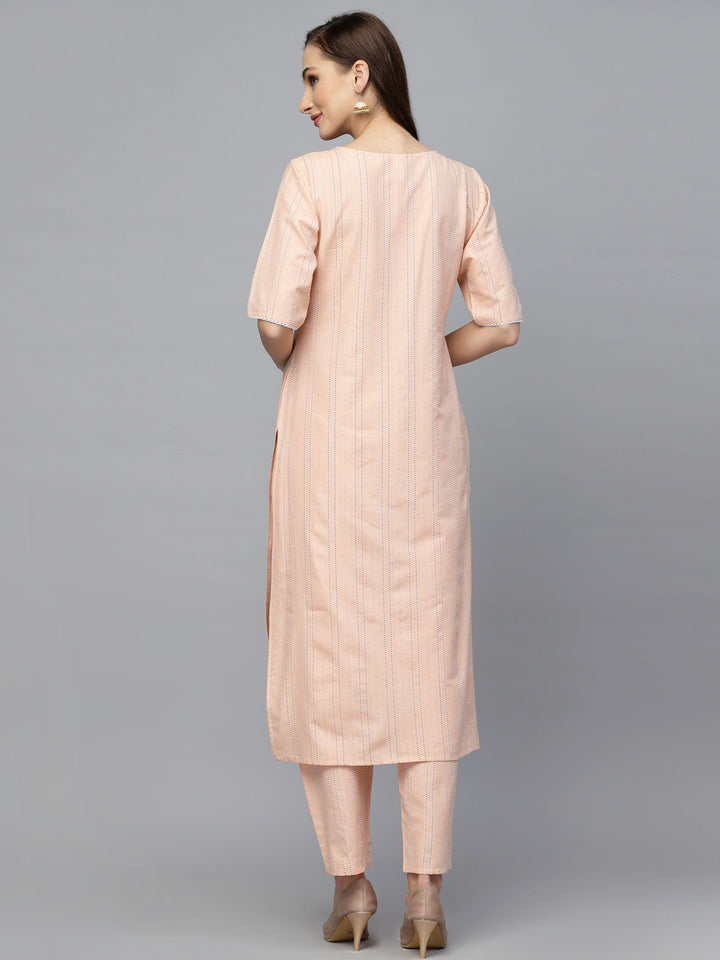 Self Woven Striped Cotton Blend Straight Kurta Pant Set
