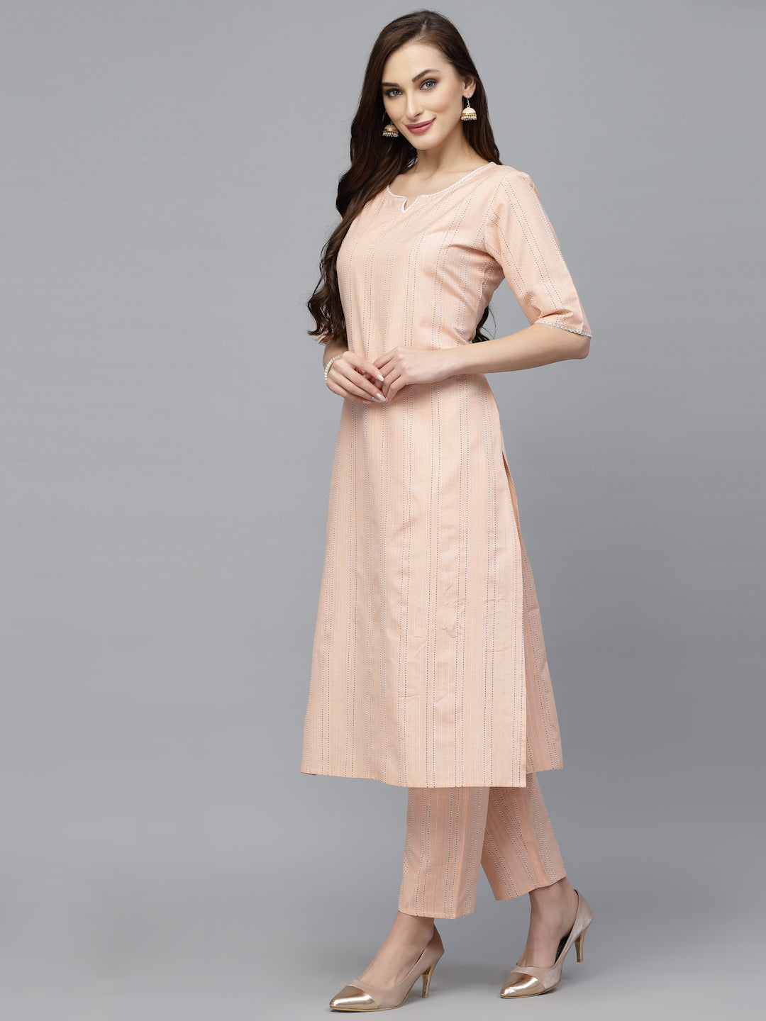 Self Woven Striped Cotton Blend Straight Kurta Pant Set