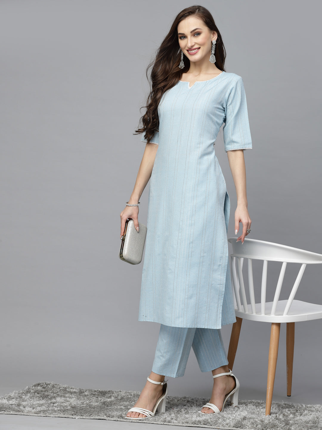 Self Woven Striped Cotton Blend Straight Kurta Pant Set