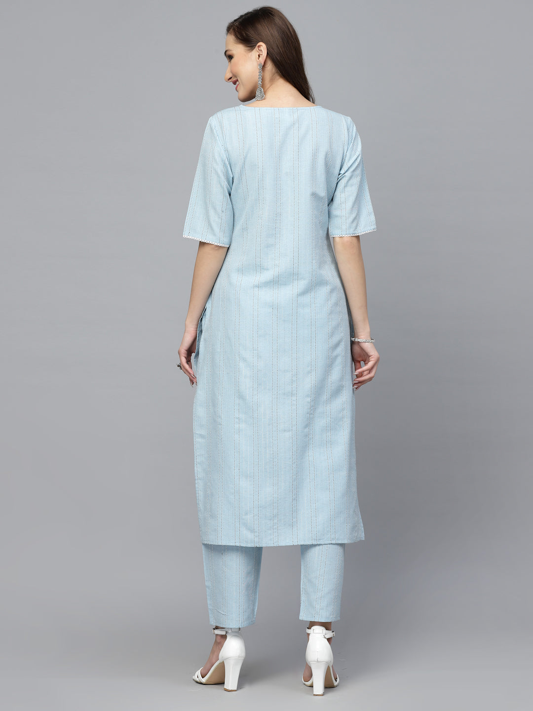 Self Woven Striped Cotton Blend Straight Kurta Pant Set