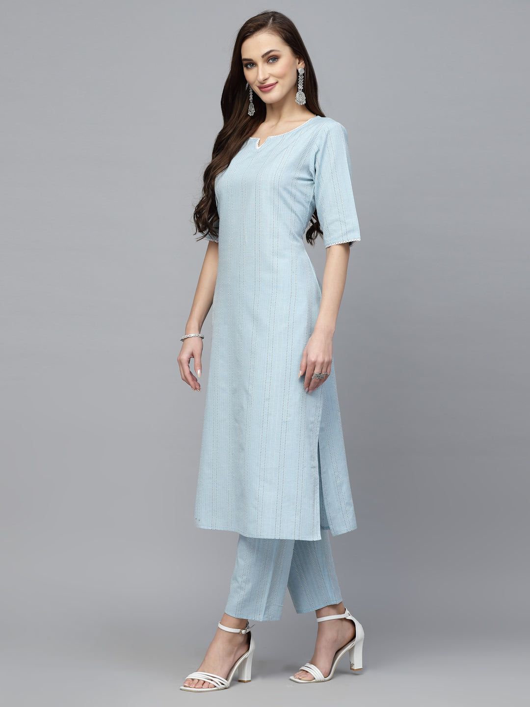 Self Woven Striped Cotton Blend Straight Kurta Pant Set