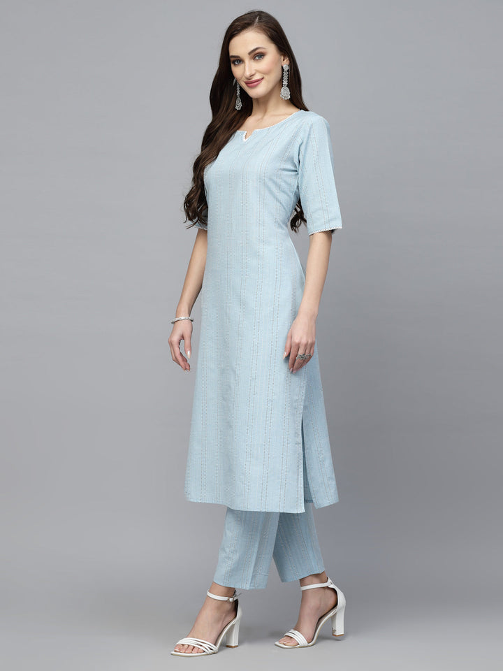 Self Woven Striped Cotton Blend Straight Kurta Pant Set