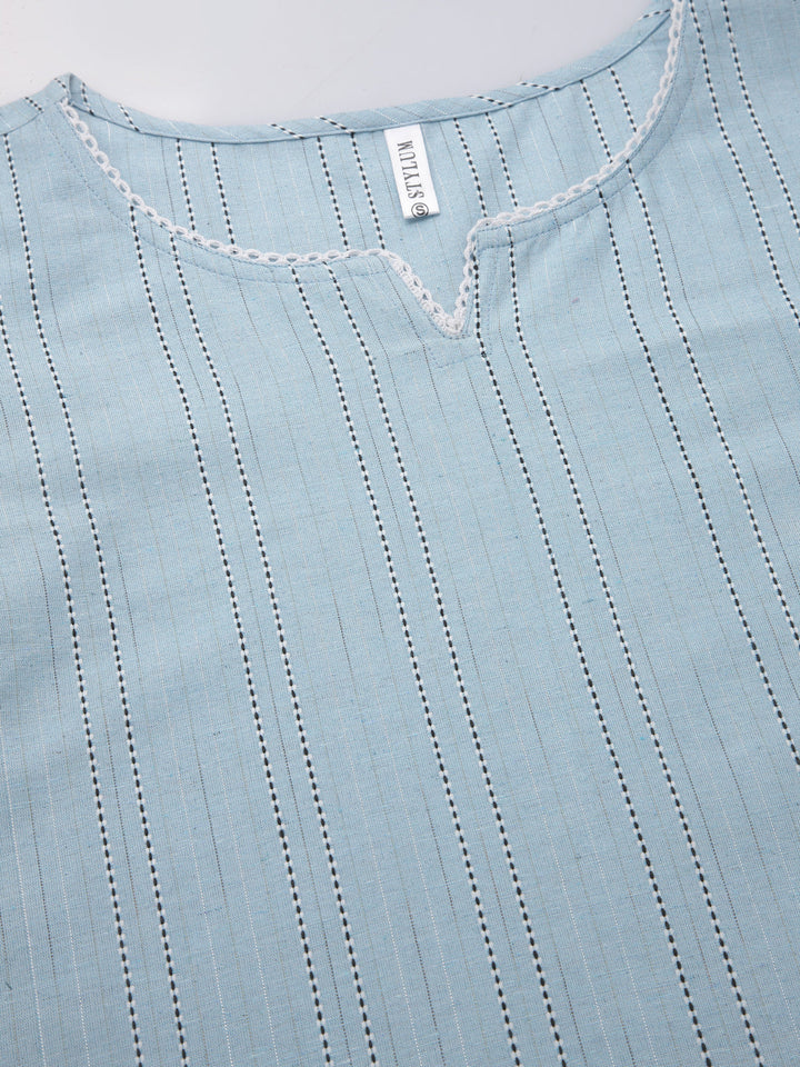 Self Woven Striped Cotton Blend Straight Kurta Pant Set