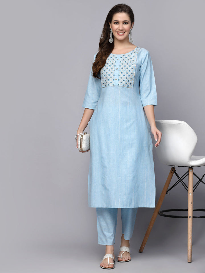 Woven Design &amp; Embroidered Cotton Blend Straight Kurta Pant Set