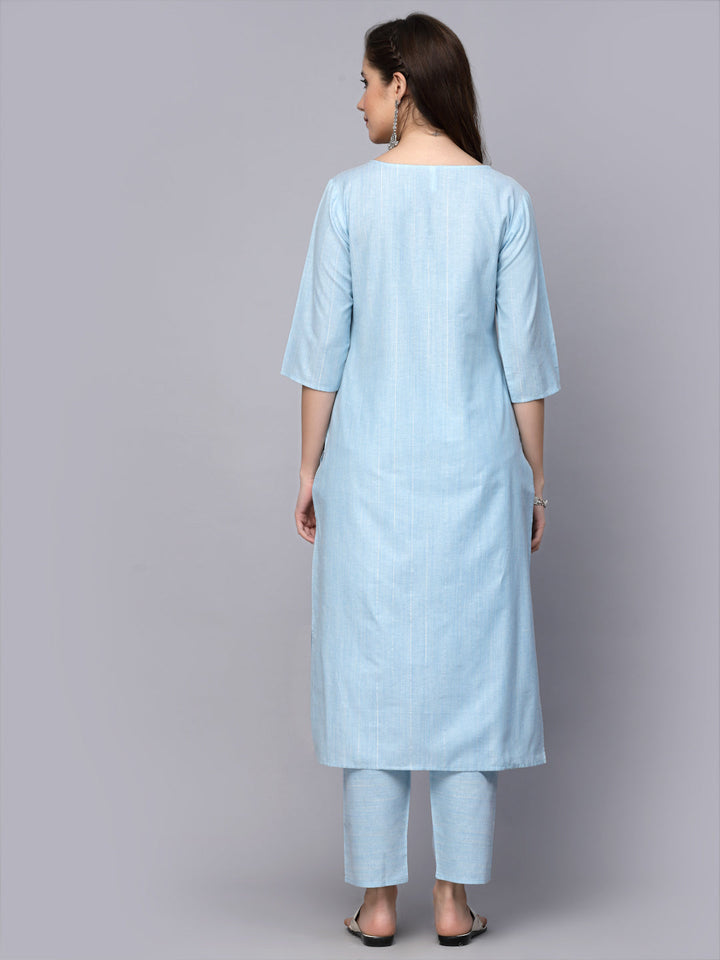 Woven Design &amp; Embroidered Cotton Blend Straight Kurta Pant Set