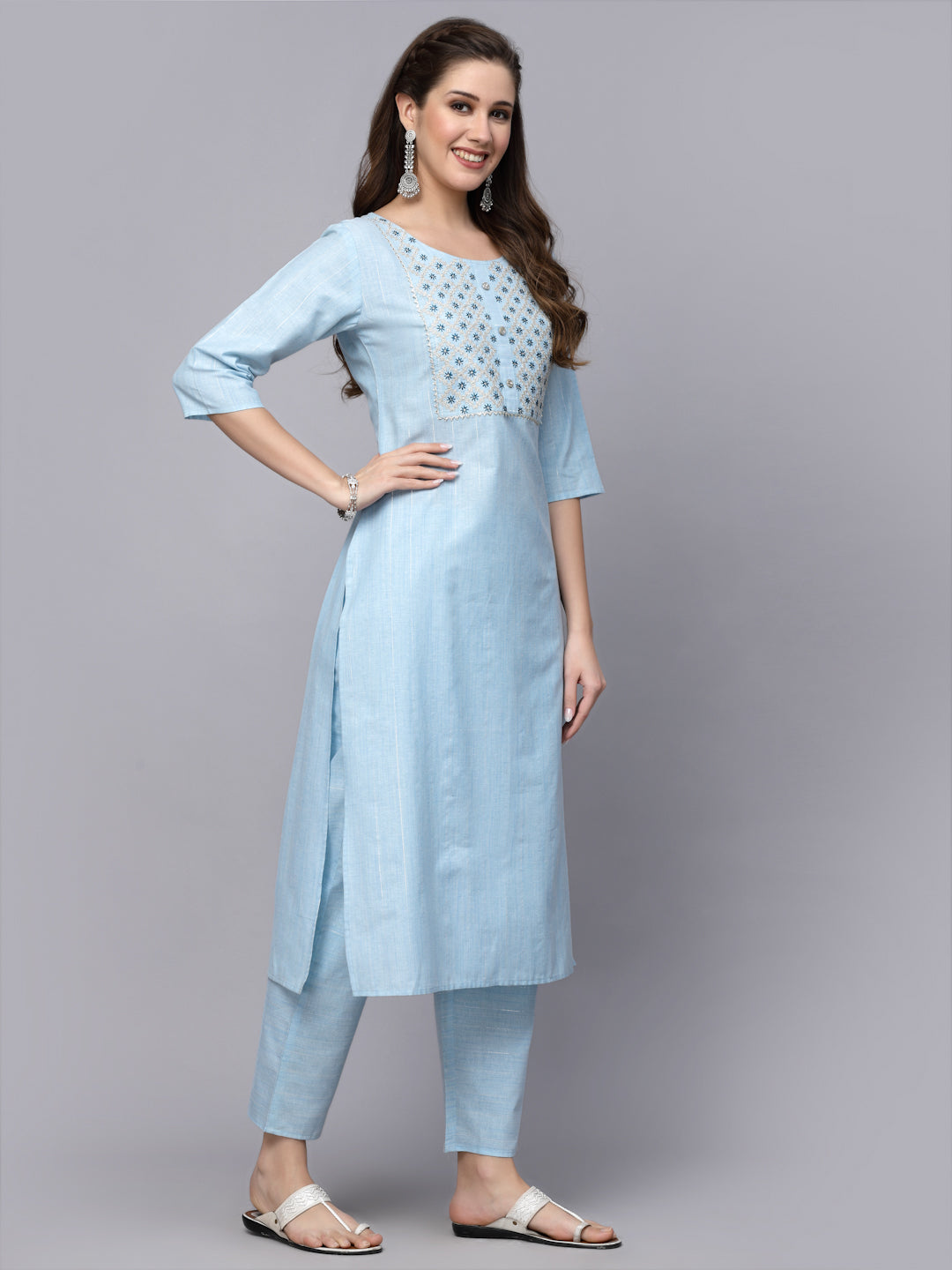 Woven Design &amp; Embroidered Cotton Blend Straight Kurta Pant Set