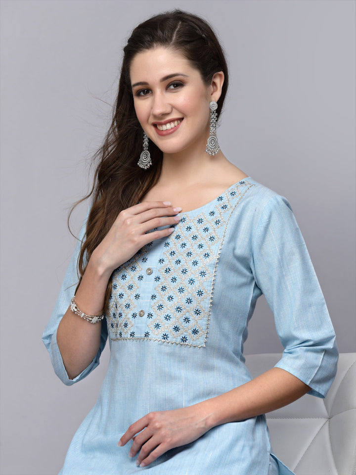 Woven Design &amp; Embroidered Cotton Blend Straight Kurta Pant Set