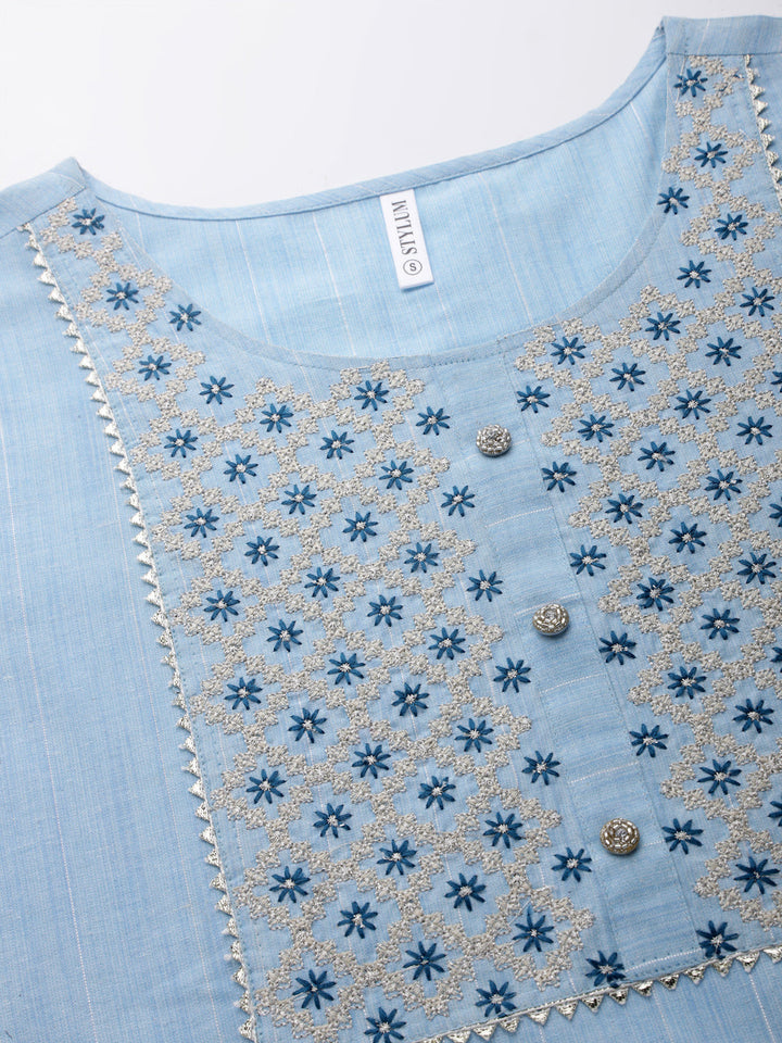 Woven Design &amp; Embroidered Cotton Blend Straight Kurta Pant Set