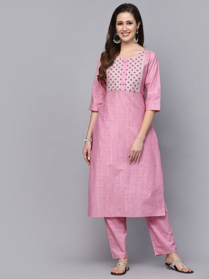 Woven Design & Embroidered Cotton Blend Straight Kurta Pant Set