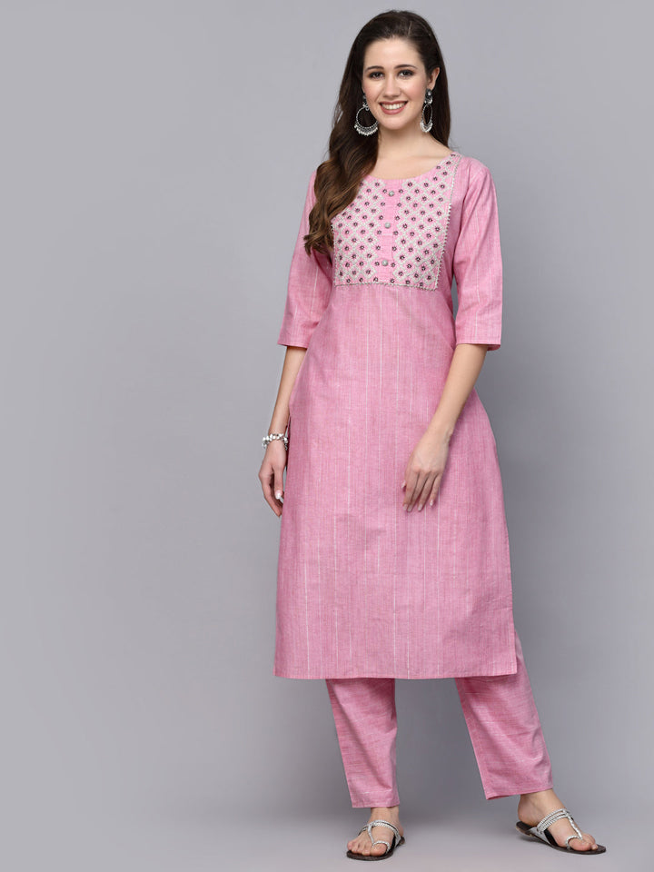 Woven Design &amp; Embroidered Cotton Blend Straight Kurta Pant Set