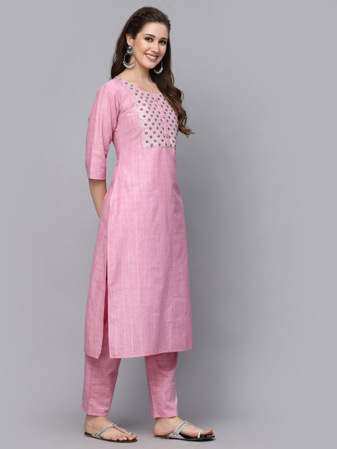 Woven Design &amp; Embroidered Cotton Blend Straight Kurta Pant Set