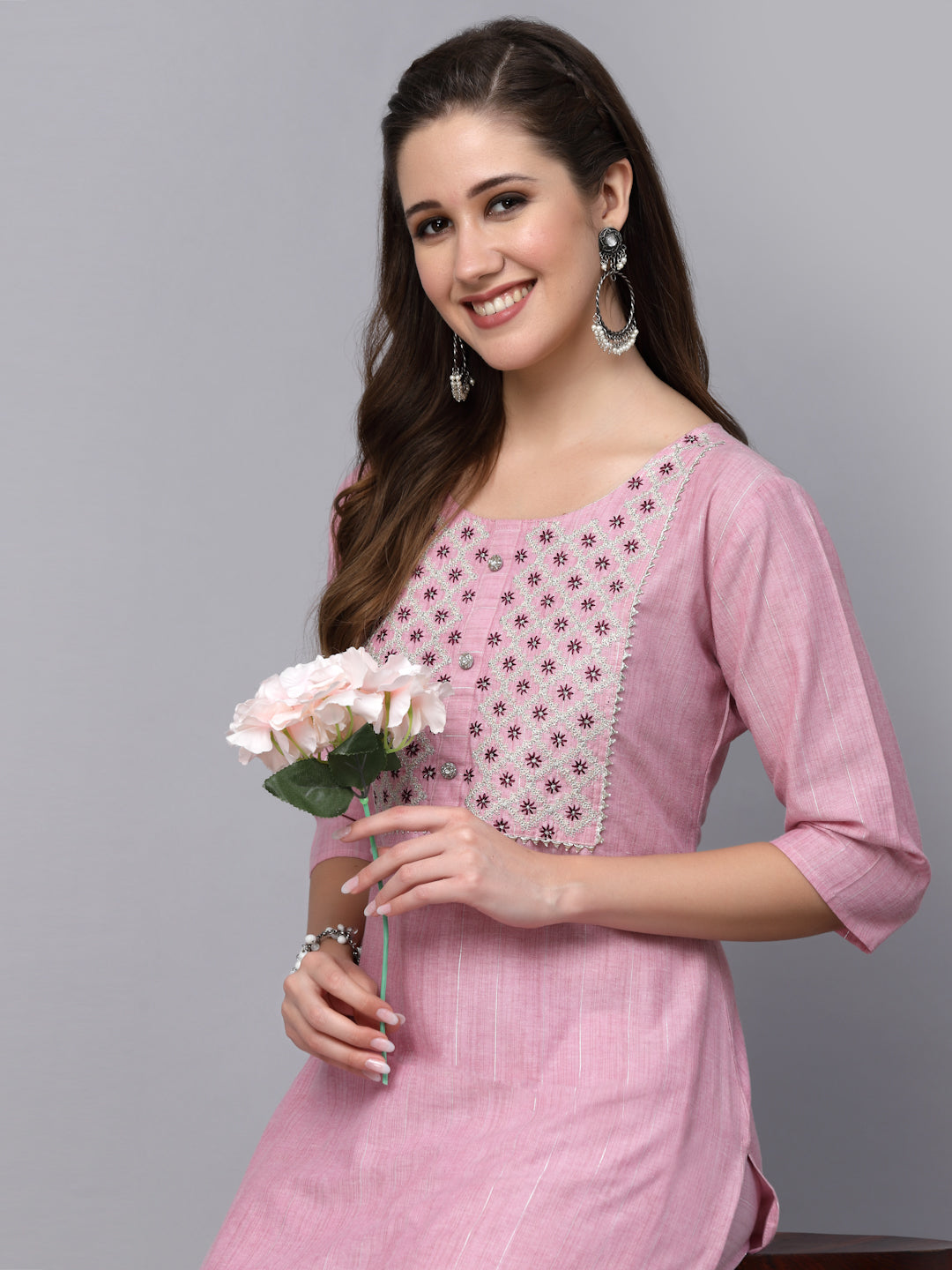 Woven Design &amp; Embroidered Cotton Blend Straight Kurta Pant Set