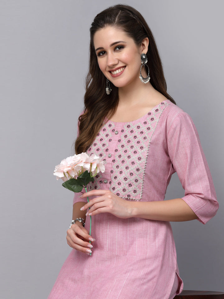 Woven Design &amp; Embroidered Cotton Blend Straight Kurta Pant Set